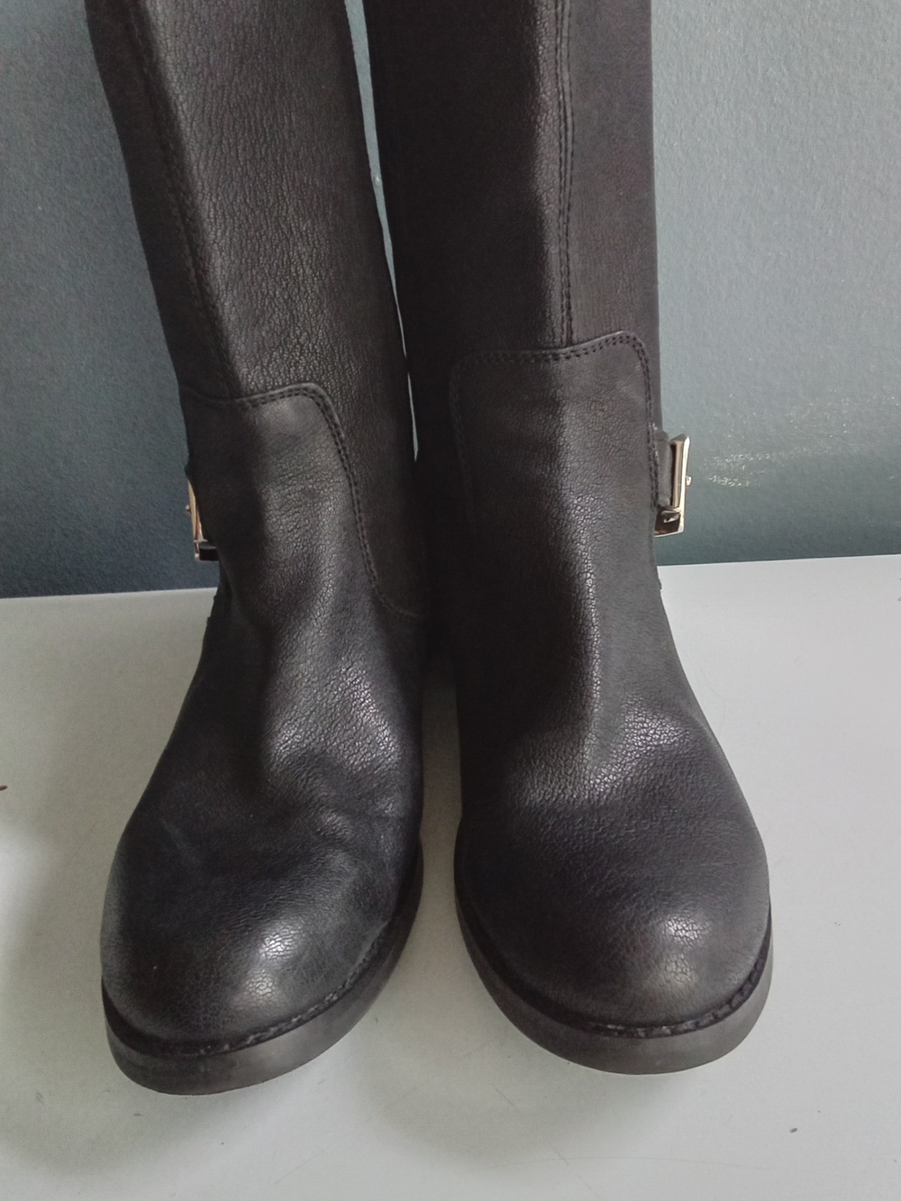 Vince Camuto Black Leather Moto Boots Gold Hardware Mid Calf Block Heel